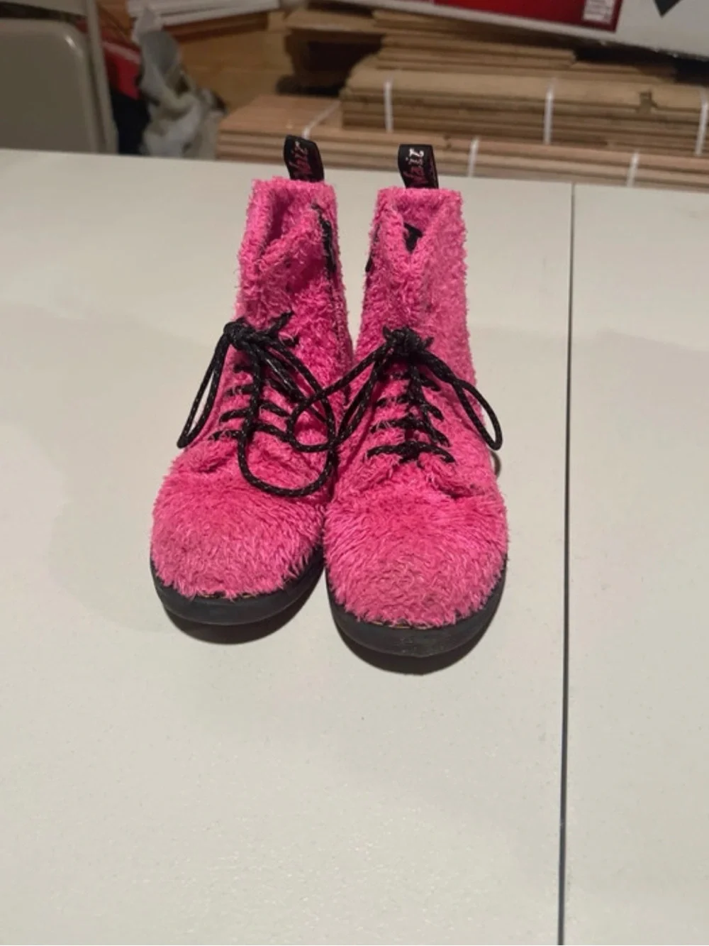 Fuzzy Pink Lace-Up Ankle Boots